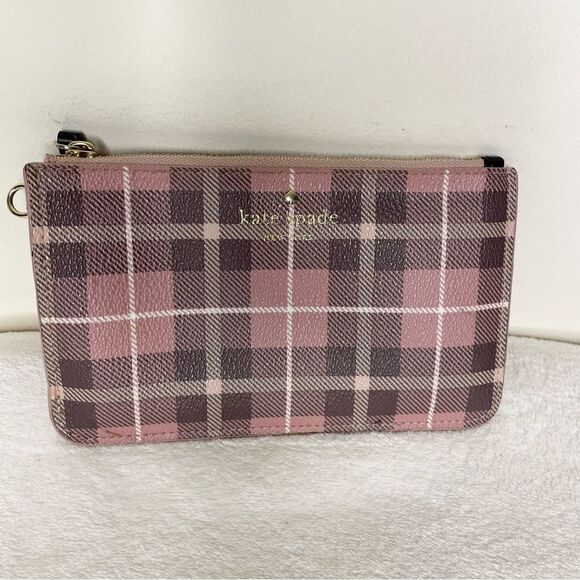 Kate Spade Wristlet Fairmount Square Slim Bee Clutch Plaid Pink No Strap - Picture 15 of 16